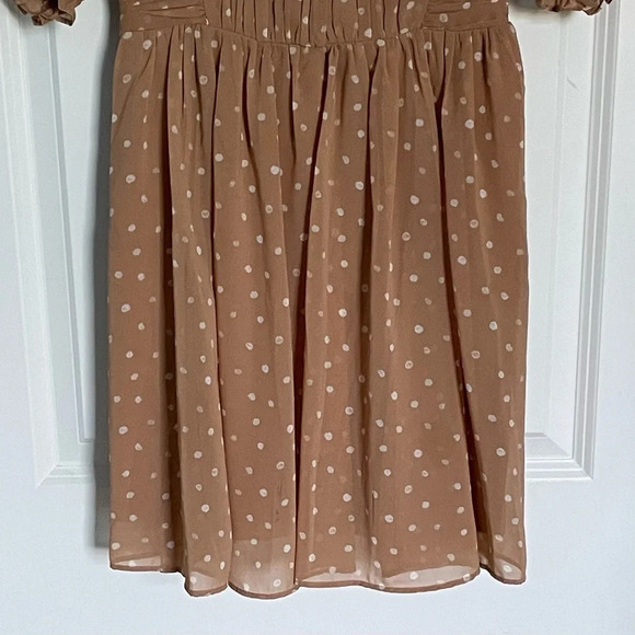 Abercrombie & Fitch Tan Polka Dot Ruched Puff Sleeve Mini Dress 29690 - Picture 8 of 16